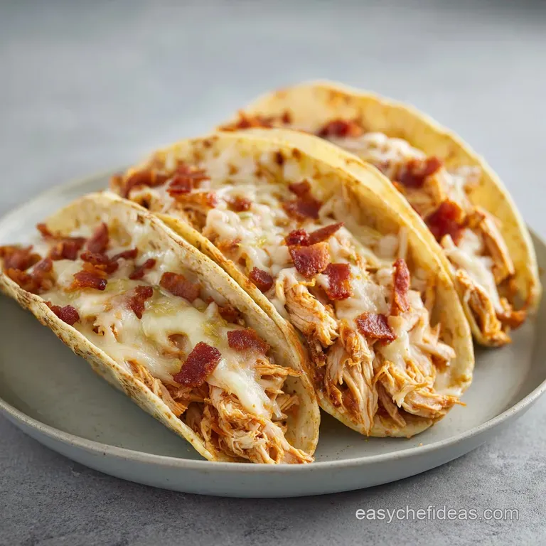 Three golden tortillas filled with creamy shredded chicken, topped with fresh cilantro on a modern white plate