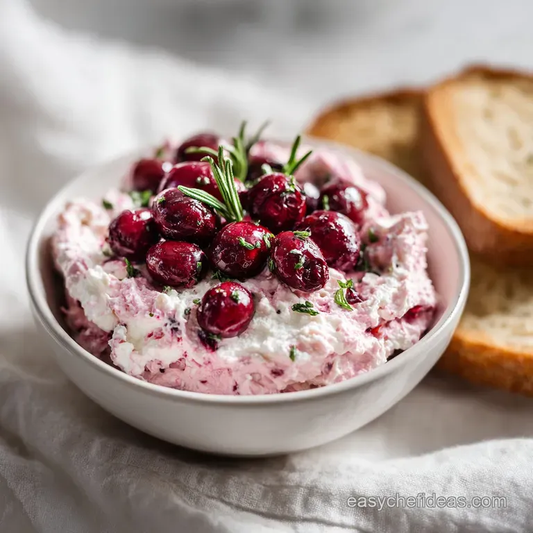 Whipped cream cheese dip with jeweled cranberries, artfully arranged in a shallow bowl, promising a sweet and tangy flavor...
