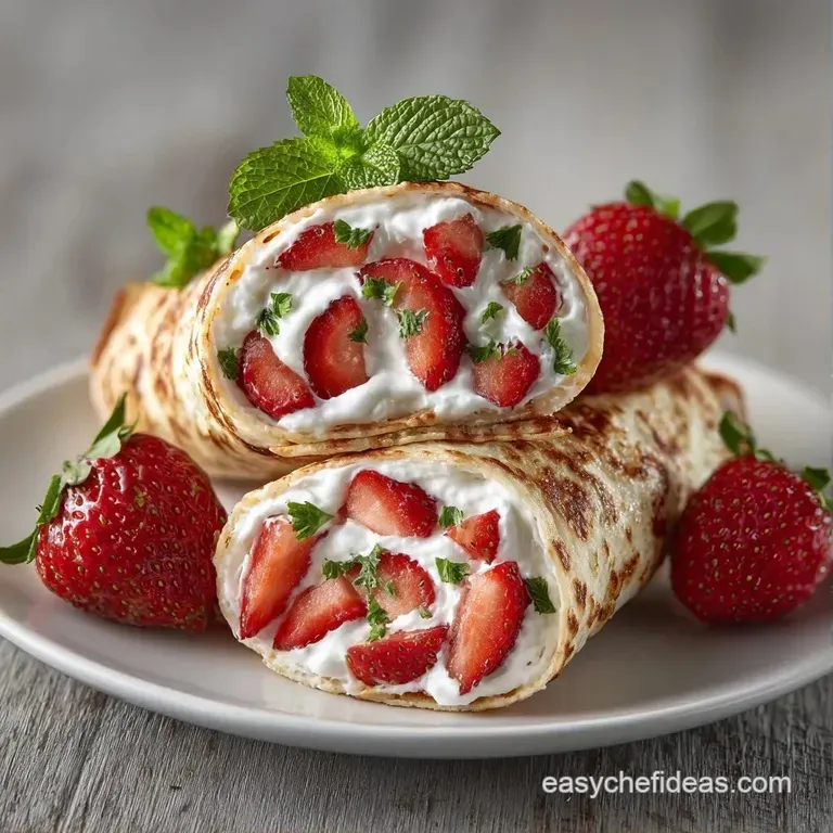 Neatly sliced wraps showcasing colorful fruit layers and creamy white filling on a minimalist white ceramic platter.