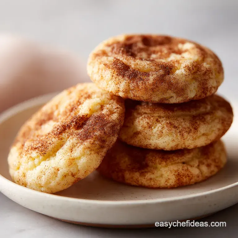 A stack of three cream cheese snickerdoodles, showcasing their cracked tops and soft, chewy interior, dusted with cinnamon...