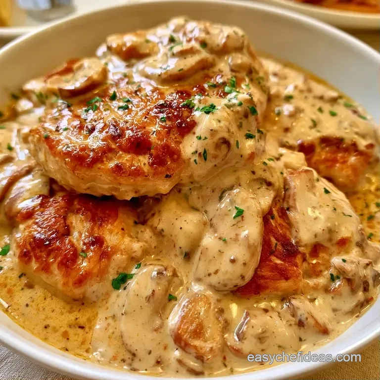Seared chicken breasts drizzled in a rich cream sauce and mushrooms, served on a white plate with fresh parsley.