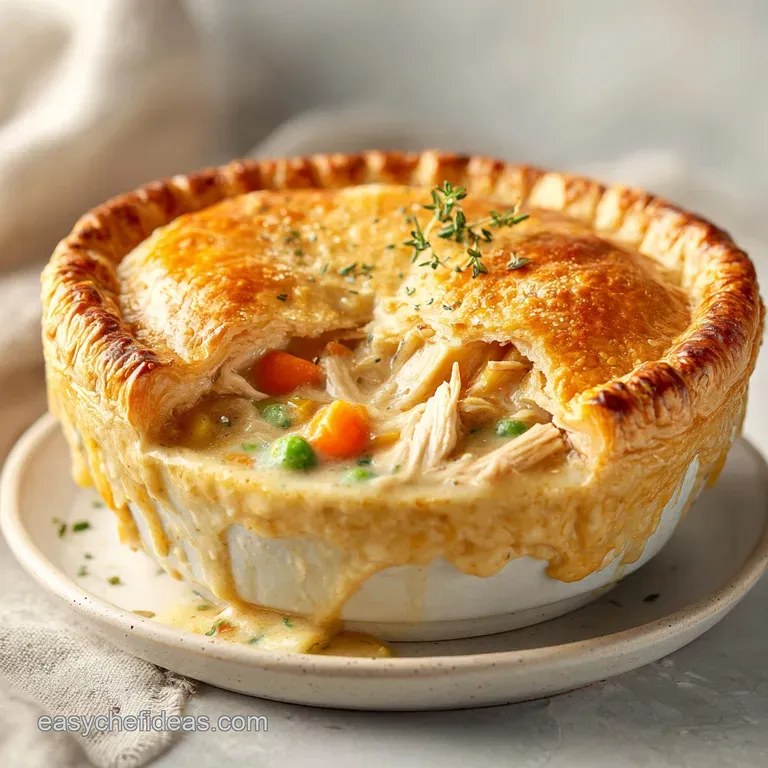 A golden slice of chicken pot pie on a white plate, showcasing tender chicken and vibrant peas within a flaky crust.