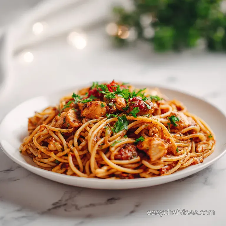 A steaming portion of creamy chicken spaghetti, garnished with fresh parsley, elegantly presented on a white plate.