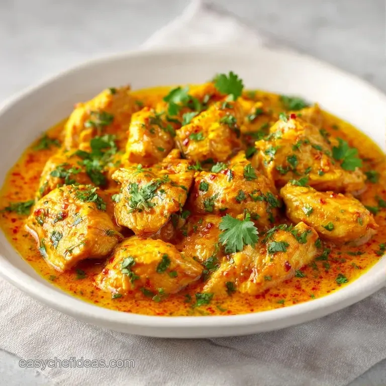 A vibrant yellow stew in a white bowl, topped with a swirl of coconut cream and a sprinkle of fresh green herbs.