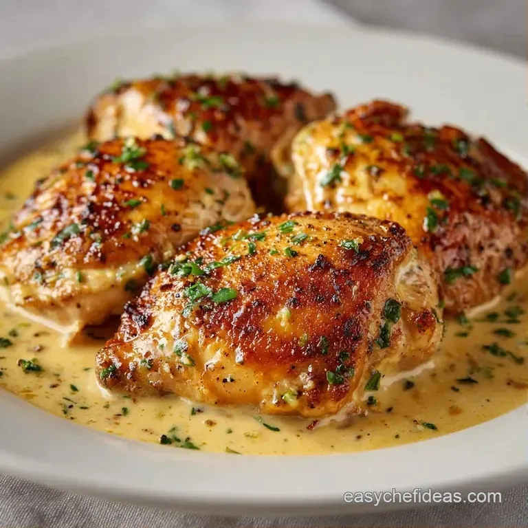 Two juicy golden chicken thighs resting in a velvety cream sauce on a white plate with a sprig of fresh green herbs.