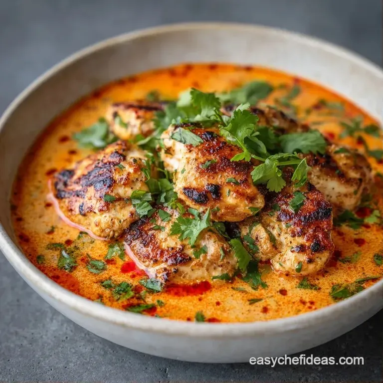 A vibrant orange curry served in a white bowl with fluffy basmati rice and warm, buttered garlic naan bread.
