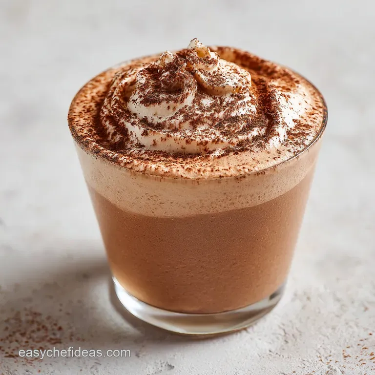 Airy beige mousse in crystal glasses on a white marble surface, accented with dark chocolate shavings and beans.