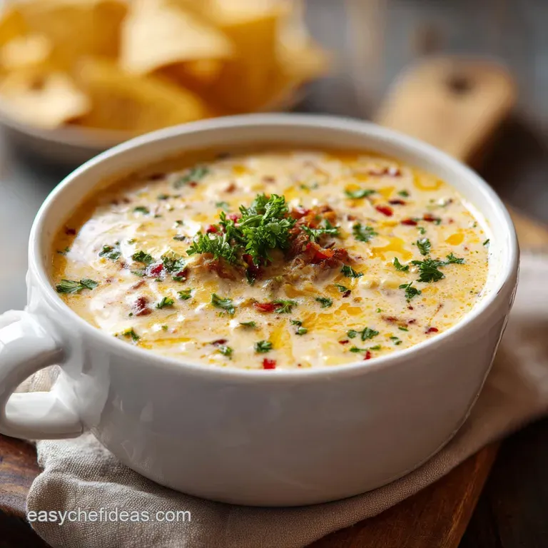 A rustic cast iron skillet filled with warm, creamy queso, served with tortilla chips.