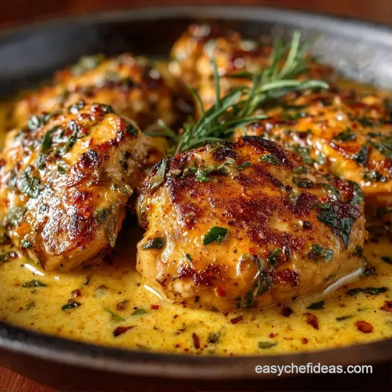 Seared chicken thighs in a thick white sauce, garnished with fresh parsley on a matte ceramic plate.