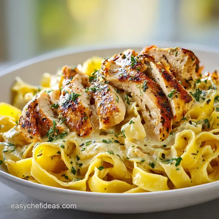 Elegant plate of twirled garlic pasta, rich with creamy sauce and garnished with fresh parsley and a dusting of parmesan.
