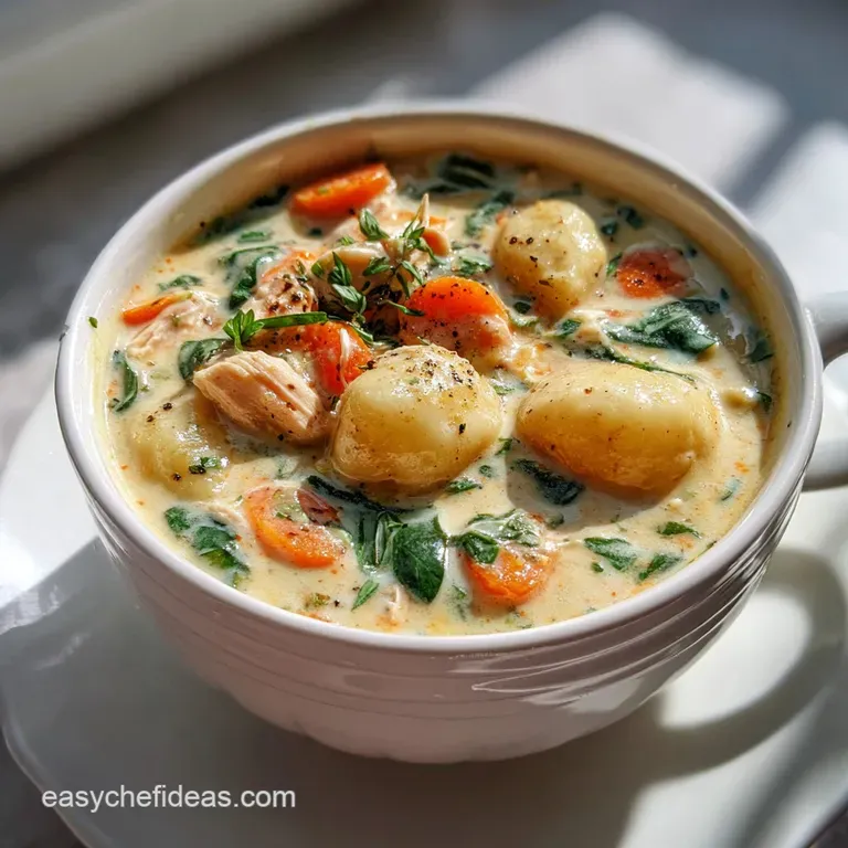 A single bowl of creamy gnocchi soup with vibrant green spinach. Gnocchi sit atop the surface, with visible carrots and sa...