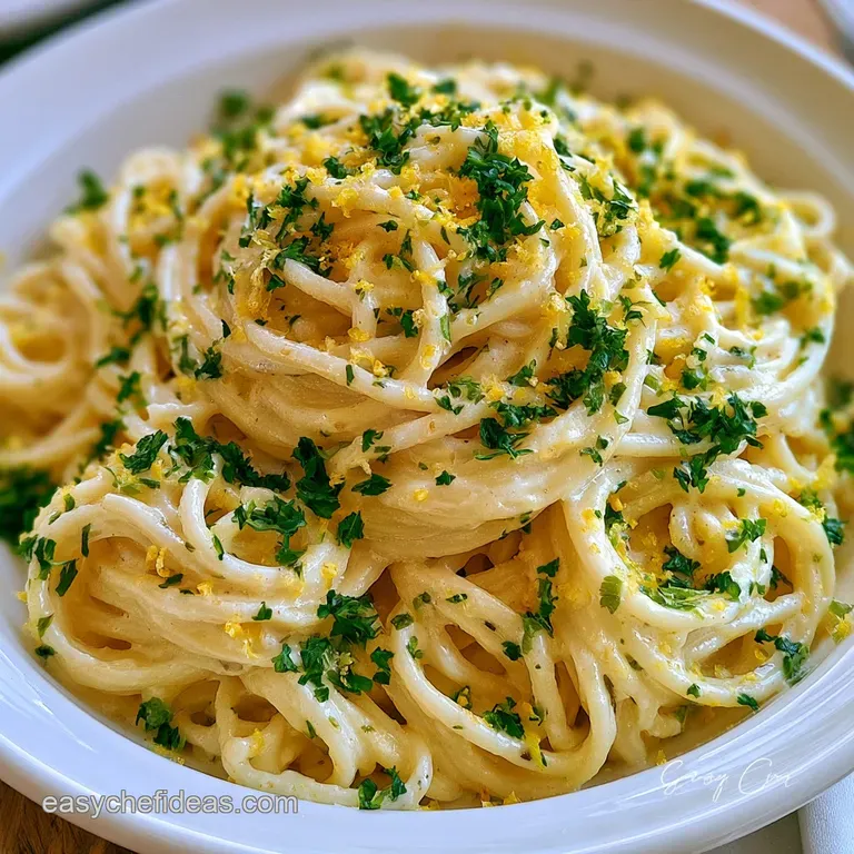 Elegant swirls of pasta in a white bowl, garnished with bright lemon slices and a sprinkle of fresh green herbs.