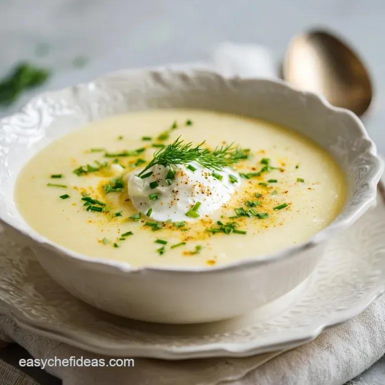 A steaming bowl of velvety potato soup, adorned with crumbled bacon and a sprinkle of fresh chives.