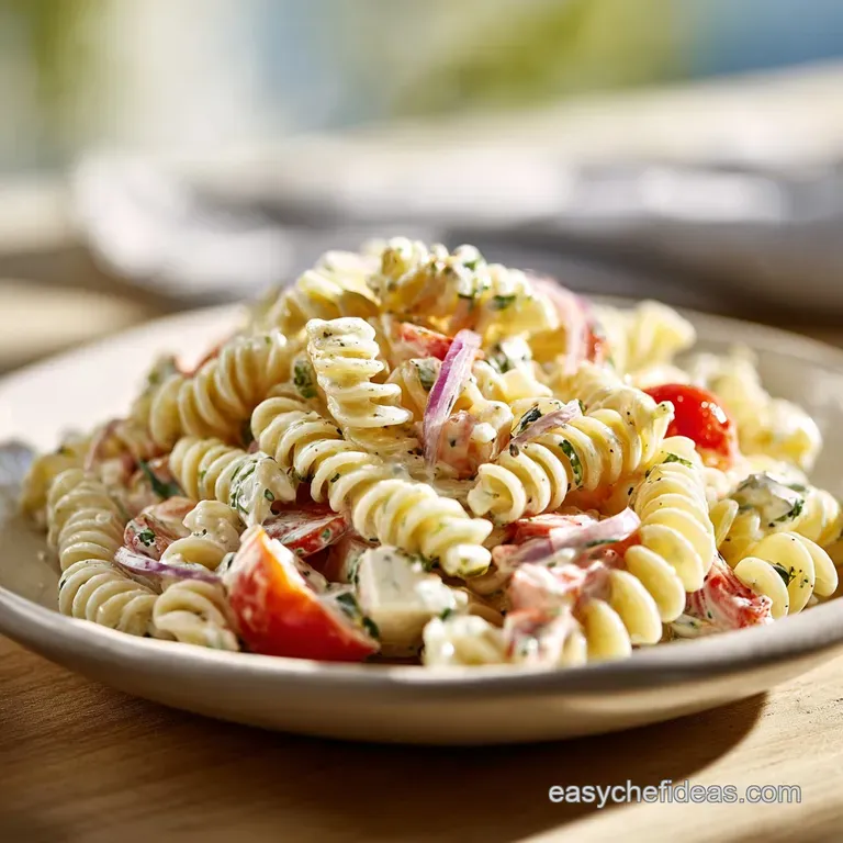 A vibrant serving of chilled pasta salad elegantly plated, showcasing the creamy sauce and fresh, crisp vegetables.
