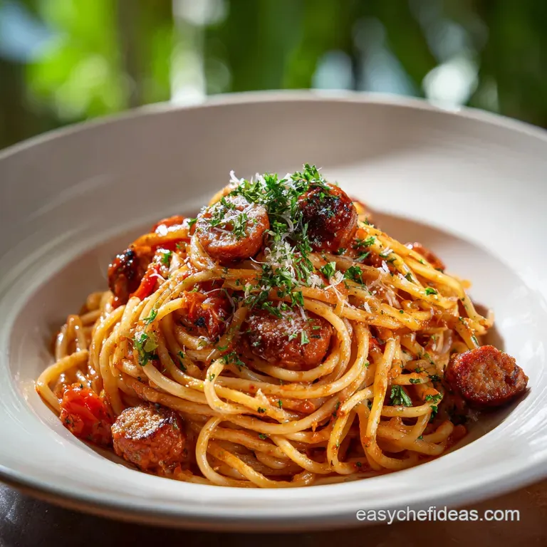 A swirl of saucy pasta with savory sausage is garnished with fresh parsley, creating an inviting, comforting single serving.