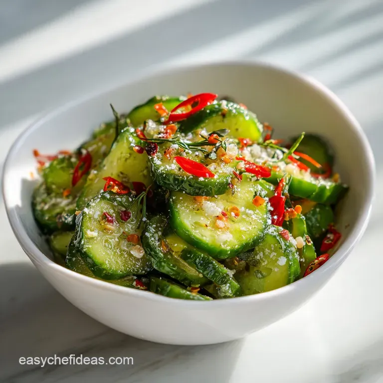 Elegant cucumber salad with glistening, thinly sliced cucumbers, artfully arranged and topped with fresh dill sprigs on a ...