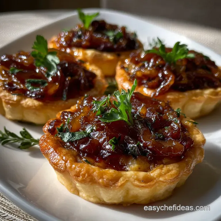 Artfully arranged balsamic onion bites on a rustic wooden board, showcasing contrasting textures and vibrant colors. Appet...