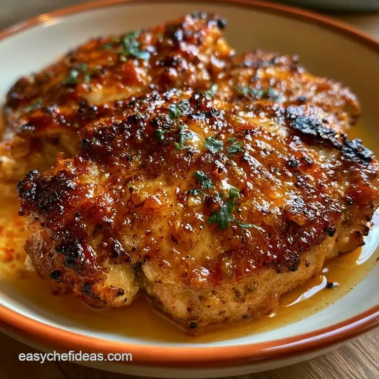 Two golden-brown chicken thighs plated on a ceramic dish with steamed greens and a sprinkle of fresh parsley.