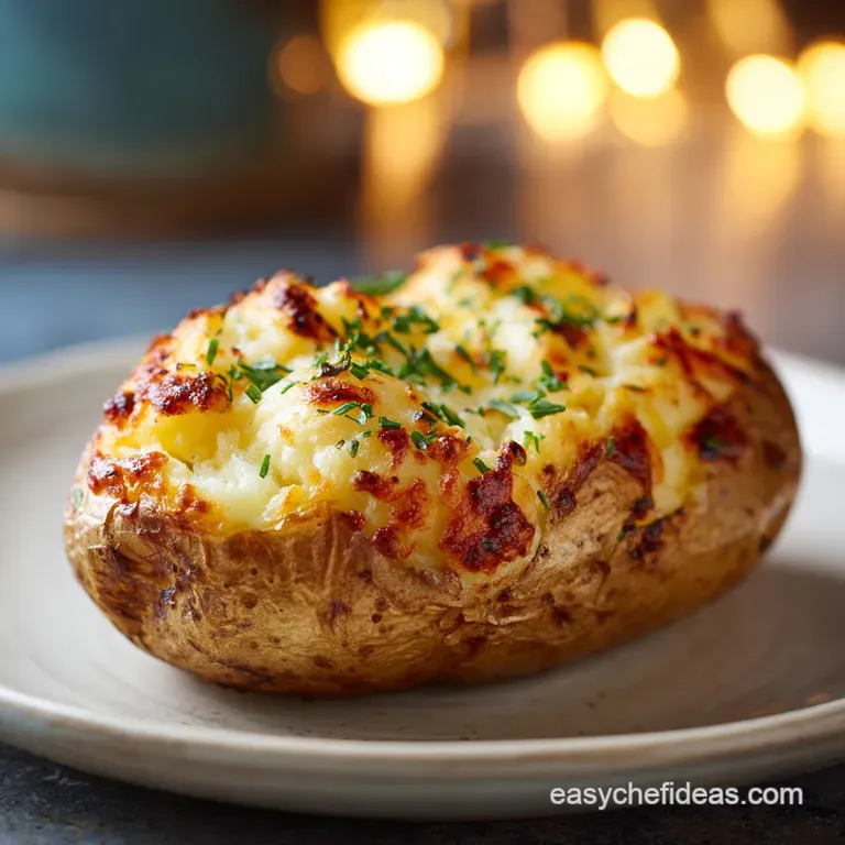 A perfectly baked potato, split open to show its steaming, fluffy white center, on a rustic plate.