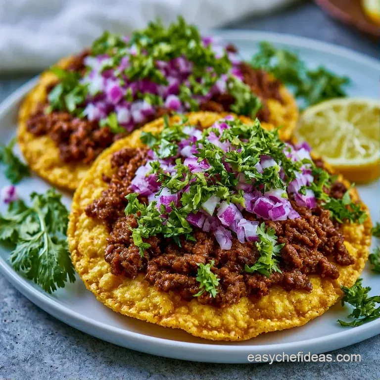 Three golden corn shells piled high with savory beef and colorful toppings on a modern matte black ceramic platter.