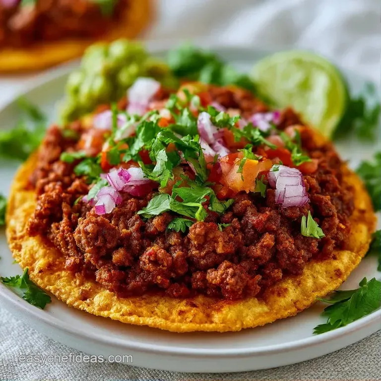 Platter of golden-brown corn tortillas topped with savory beef, bright green cabbage, and a dollop of sour cream.