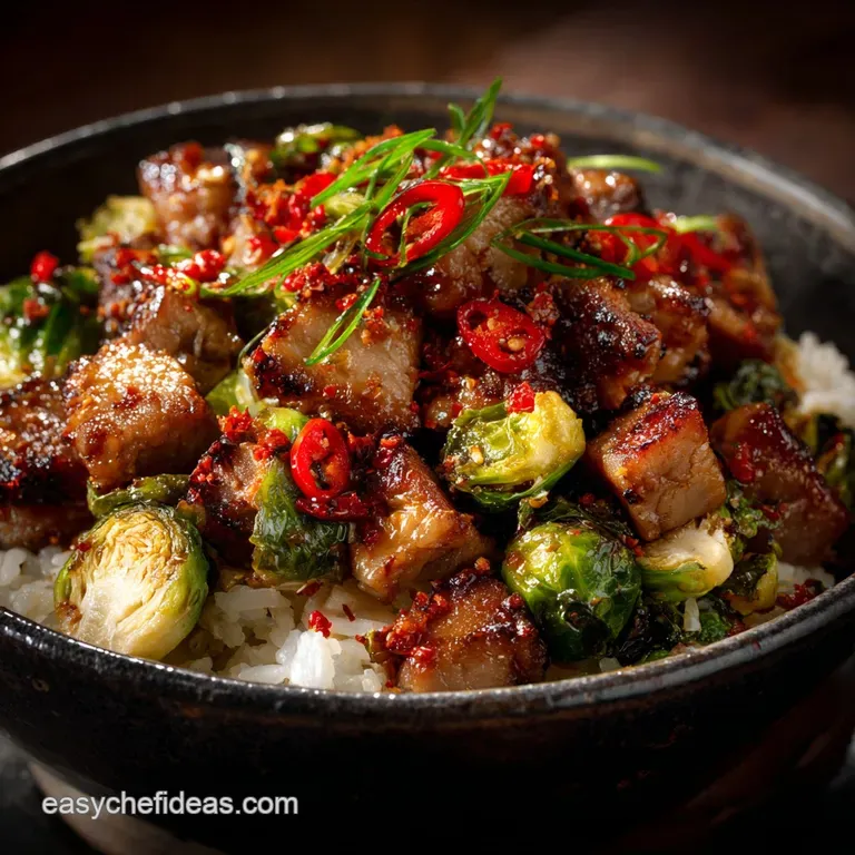Fiery Ginger Glazed Pork Mince Crispy Brussels Power Bowls presentation