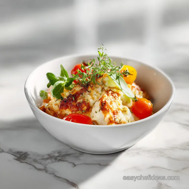A generous scoop of creamy chicken casserole with visible tender chicken and vegetables, plated elegantly.