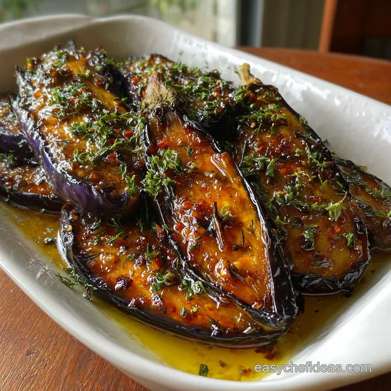 Glossy eggplant rounds artfully arranged on a white plate. A sprinkling of herbs contrasts with the dark eggplant. Rustic ...