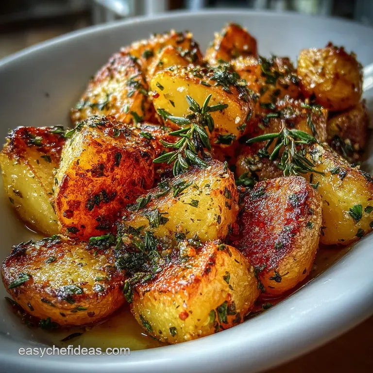 Perfectly roasted potatoes, artfully arranged on a white plate. Flaky sea salt sprinkled on top, alongside a sprig of fres...