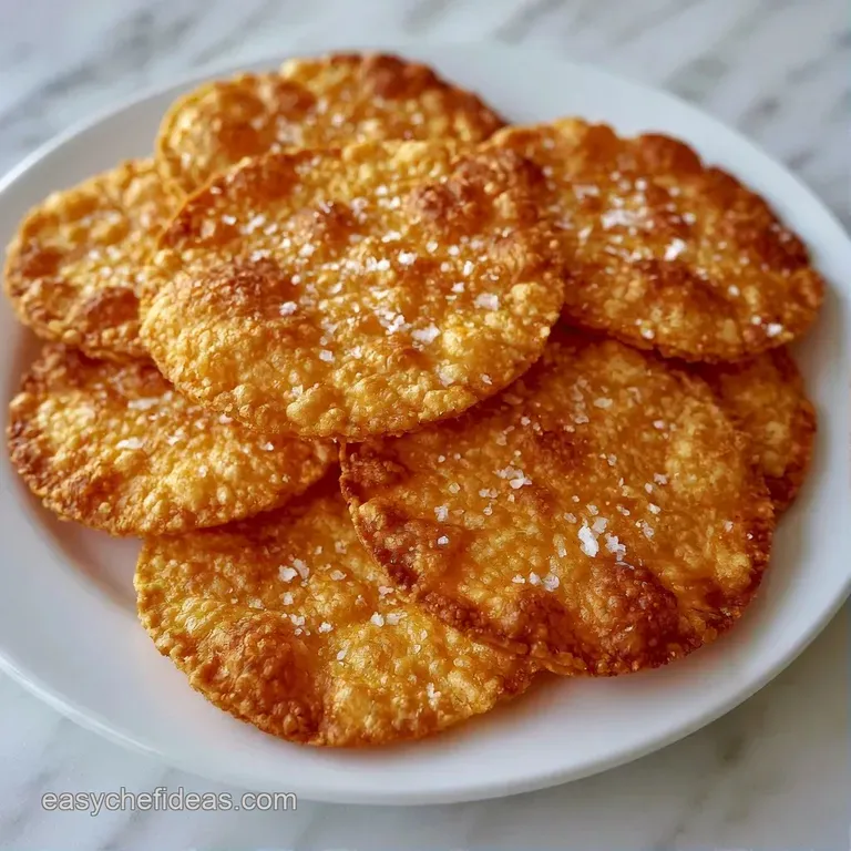 A neat stack of golden corn tortillas, perfectly fried and crisp, resting on a minimalist white ceramic platter.