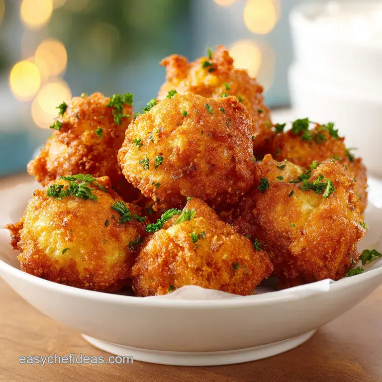 A neat stack of warm, golden hushpuppies served in a ceramic bowl with a side of dipping sauce.