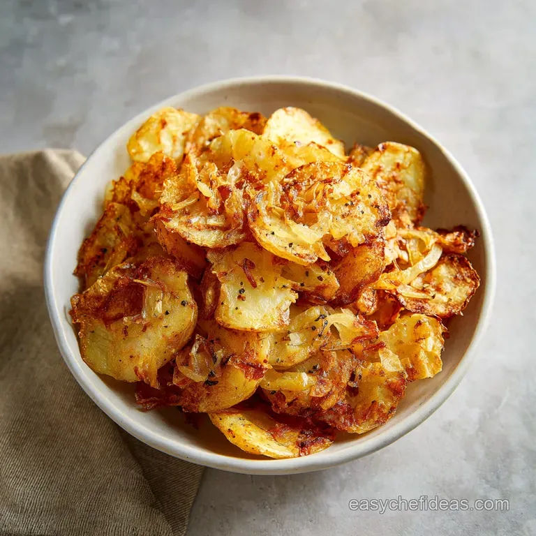 Crispy oven-fried potatoes and sweet onions artfully arranged on a white plate, glistening with savory oil.