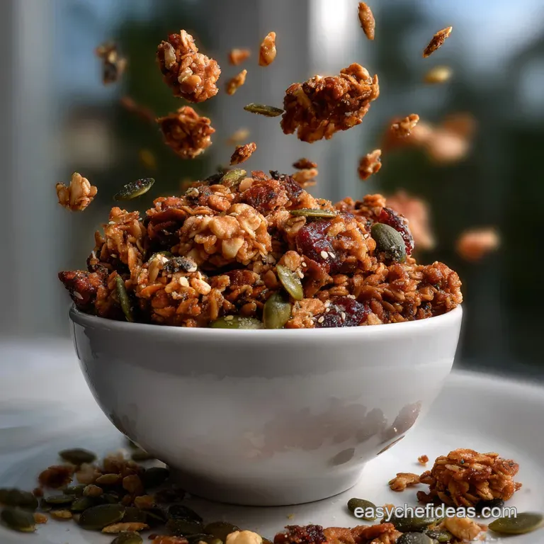 Crisp granola artfully arranged in a small, elegant bowl, accented by vibrant orange pumpkin and a scattering of seeds.