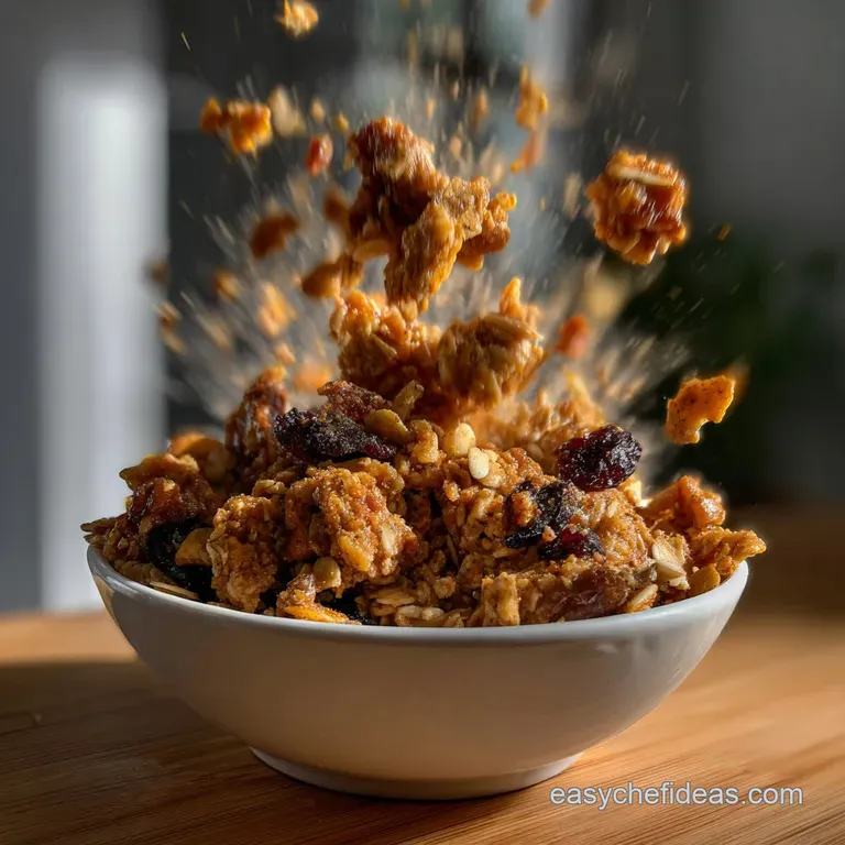 Golden clusters of pumpkin granola scattered on a rustic wooden surface, showcasing a variety of textures and warm, inviti...