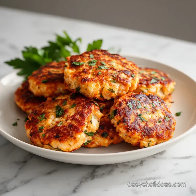Three pan-fried salmon patties stacked artfully, topped with a dill sprig and a side of slaw.