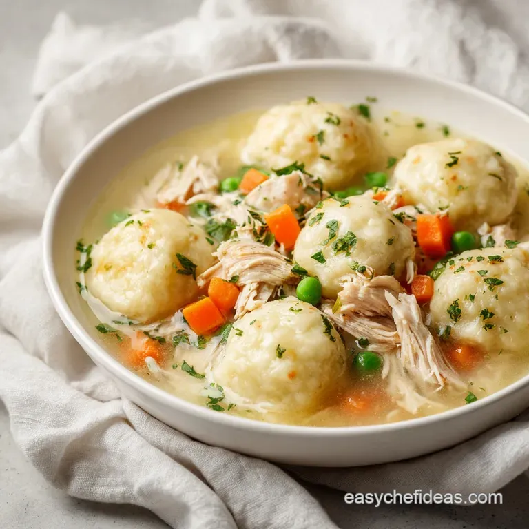 Elegant serving of fluffy dumplings nestled in a rich, creamy chicken stew, garnished with fresh parsley. Warm and inviting.