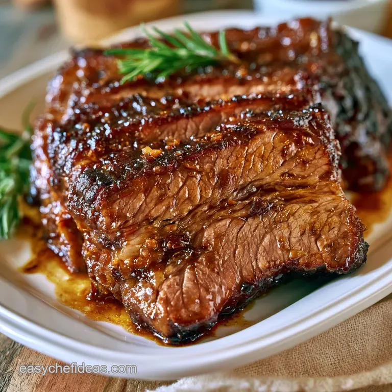 Slices of slow-cooked beef arranged over creamy mashed potatoes with a sprig of parsley and a drizzle of savory gravy.