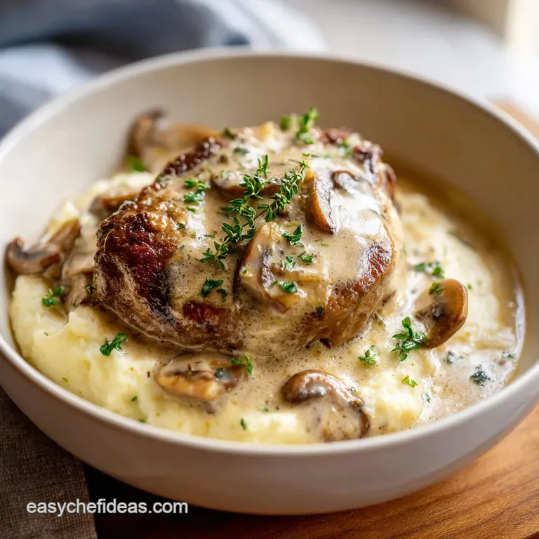 Glossy Salisbury steak plated with creamy mashed potatoes and vibrant green beans, drizzled with savory, dark brown gravy....