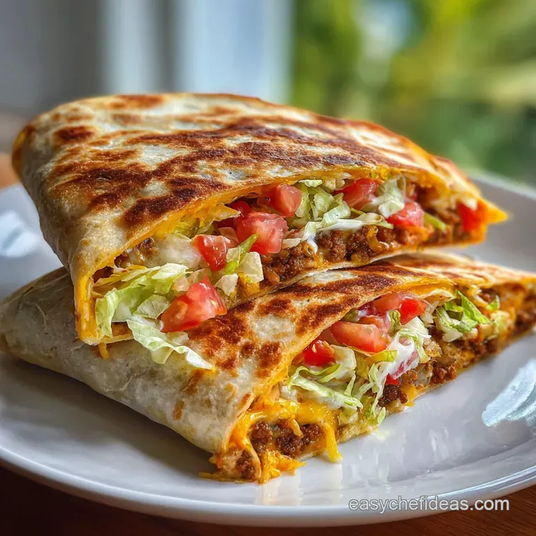 Plated Crunchwrap Supreme, cut in half, reveals vibrant layers of seasoned beef, crisp lettuce, and melted cheese oozing f...