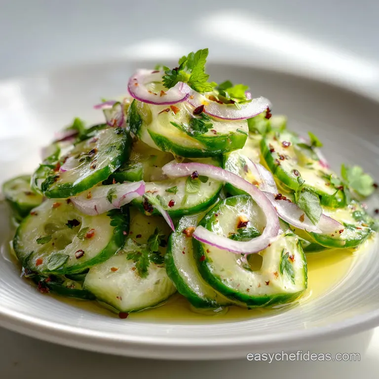 A bright cucumber ribbon salad, elegantly arranged on a white plate, with a creamy dressing drizzle and herb sprig.