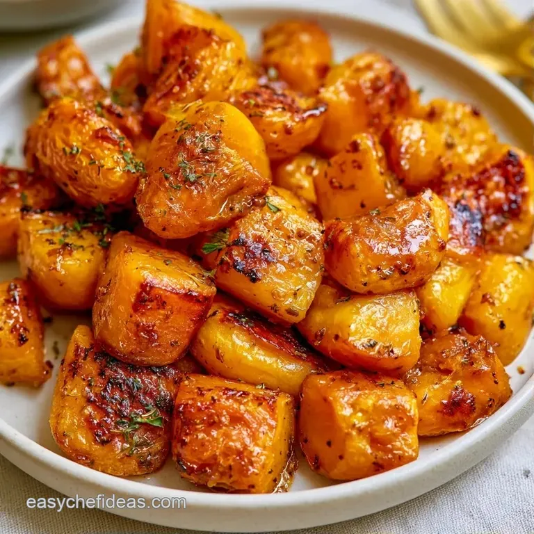 Vibrant orange roasted cubes arranged on a dark plate with a drizzle of cream and fresh green cilantro leaves.