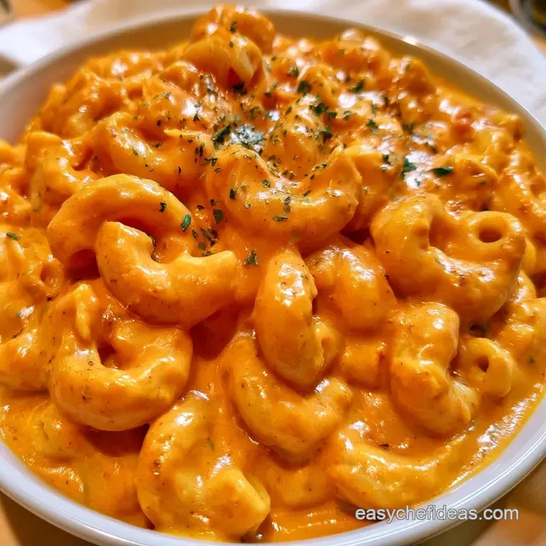 Swirls of pasta coated in a vibrant orange cream sauce, served in a white ceramic bowl with fresh herb garnish.