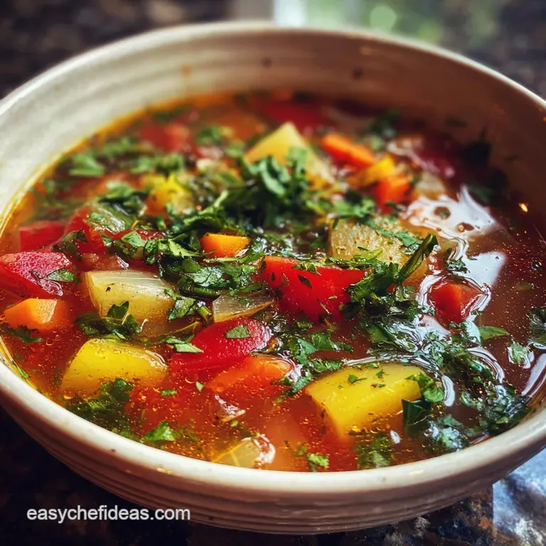 Steaming bowl of colorful vegetable soup with fresh parsley garnish; rustic bread slice adds warm, earthy tones.