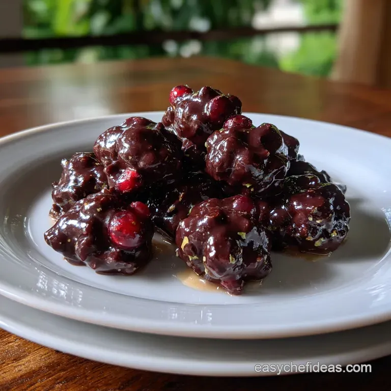 Elegant slice of no-bake chocolate dessert on a white plate. Garnished with cocoa nibs and vibrant fresh raspberries.