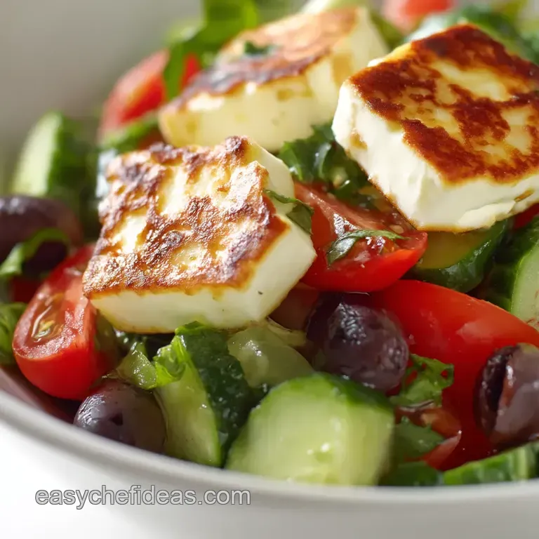 Deconstructed Grilled Halloumi Greek Salad presentation
