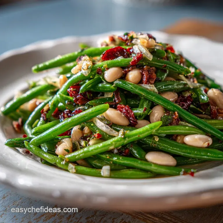 Elegant plating of the bean salad: mounded high, showing layers of textures and colors, garnished with fresh herbs and a d...