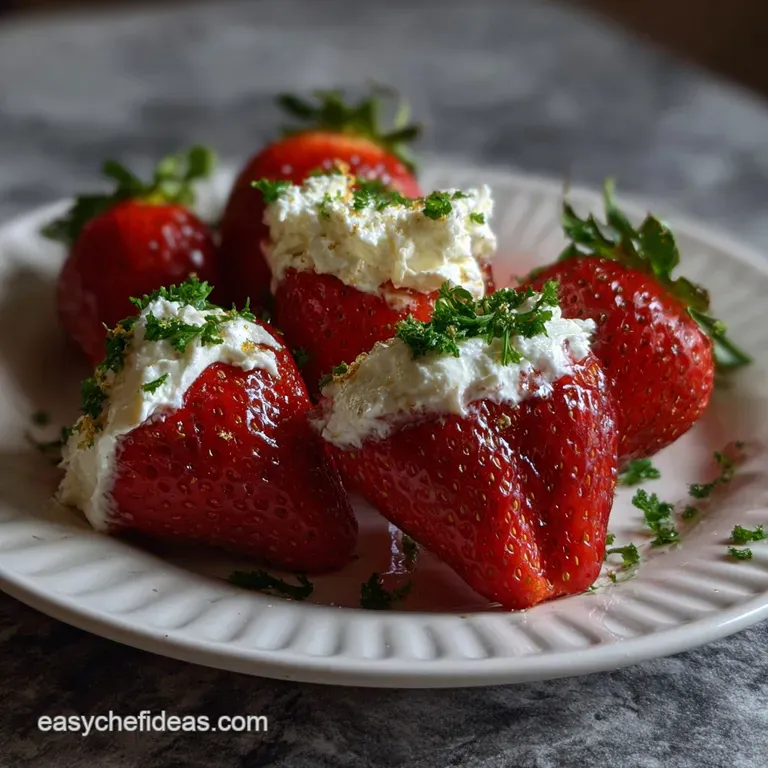 Elegant dessert plate featuring ruby red, cream-filled strawberries topped with dark chocolate shavings, a Valentines Day ...