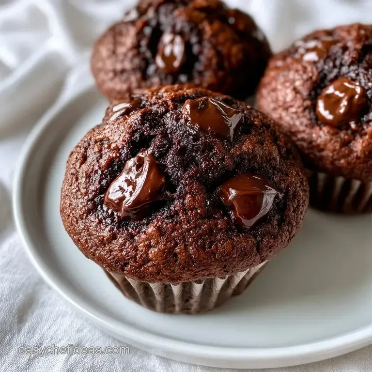 Rich cocoa-colored cakes on a white ceramic platter, dusted with powdered sugar and paired with fresh berries.