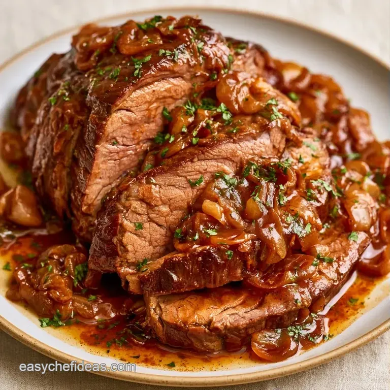 Sliced tender beef on a white plate with glazed root vegetables and a silky, deep brown reduction sauce.