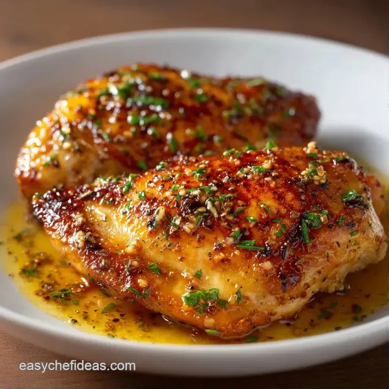 Seared chicken thighs arranged on a platter with steamed asparagus and a drizzle of glossy lemon butter sauce.